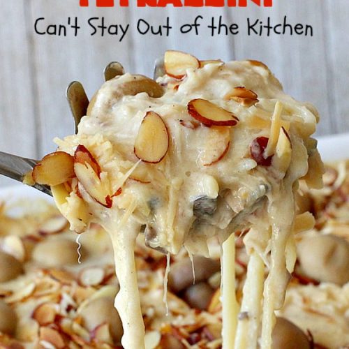 Chicken Tetrazzini | Can't Stay Out of the Kitchen | This #pasta entree is absolutely amazing. It has a thick, creamy, cheesy sauce that' so wonderfully mouthwatering. It's the perfect #chicken dish for company, too. #mushrooms #almonds #mozzarella #parmesan #linguine