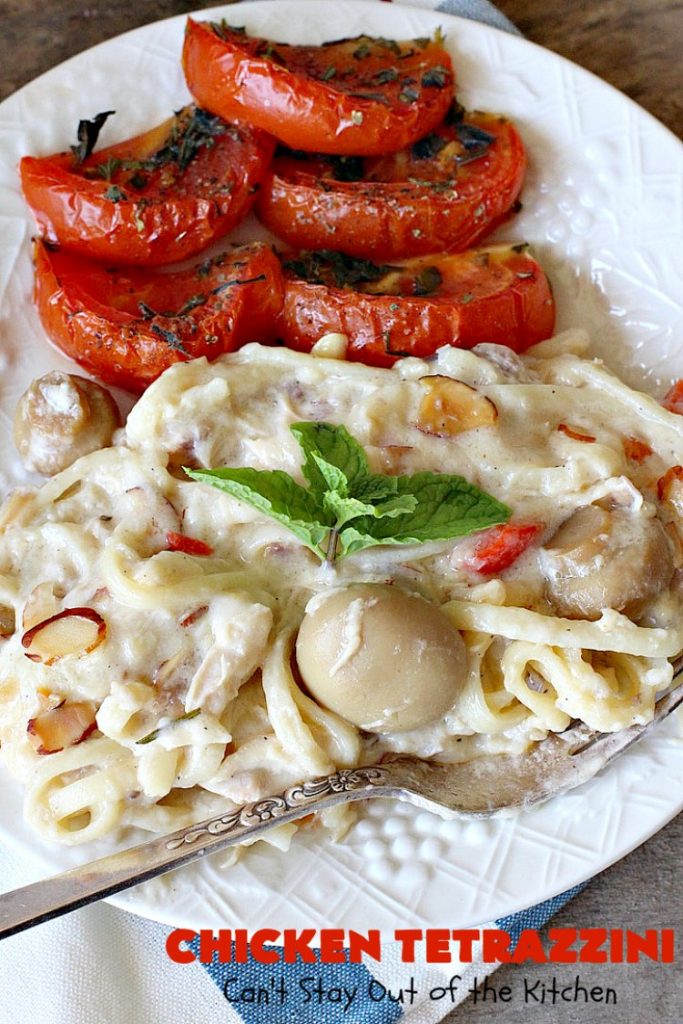 Chicken Tetrazzini | Can't Stay Out of the Kitchen | This #pasta entree is absolutely amazing. It has a thick, creamy, cheesy sauce that' so wonderfully mouthwatering. It's the perfect #chicken dish for company, too. #mushrooms #almonds #mozzarella #parmesan #linguine