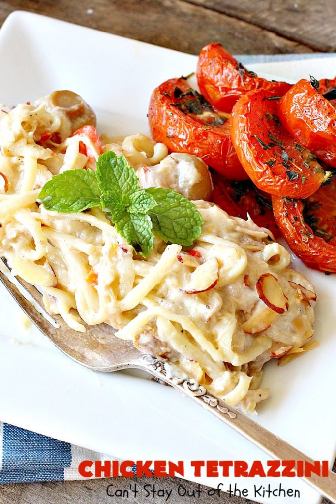 Chicken Tetrazzini | Can't Stay Out of the Kitchen | This #pasta entree is absolutely amazing. It has a thick, creamy, cheesy sauce that' so wonderfully mouthwatering. It's the perfect #chicken dish for company, too. #mushrooms #almonds #mozzarella #parmesan #linguine