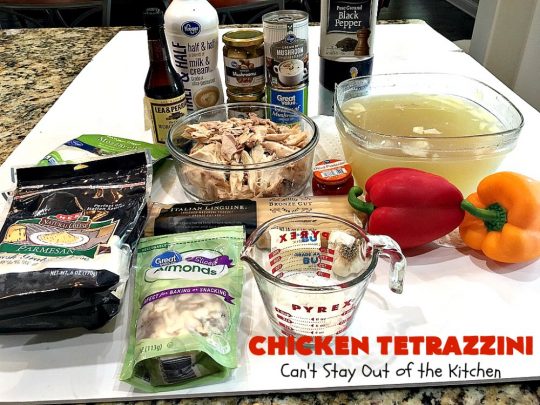 Chicken Tetrazzini | Can't Stay Out of the Kitchen | This #pasta entree is absolutely amazing. It has a thick, creamy, cheesy sauce that' so wonderfully mouthwatering. It's the perfect #chicken dish for company, too. #mushrooms #almonds #mozzarella #parmesan #linguine