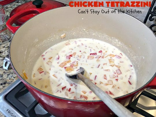 Chicken Tetrazzini | Can't Stay Out of the Kitchen | This #pasta entree is absolutely amazing. It has a thick, creamy, cheesy sauce that' so wonderfully mouthwatering. It's the perfect #chicken dish for company, too. #mushrooms #almonds #mozzarella #parmesan #linguine
