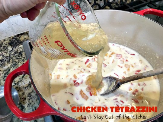 Chicken Tetrazzini | Can't Stay Out of the Kitchen | This #pasta entree is absolutely amazing. It has a thick, creamy, cheesy sauce that' so wonderfully mouthwatering. It's the perfect #chicken dish for company, too. #mushrooms #almonds #mozzarella #parmesan #linguine