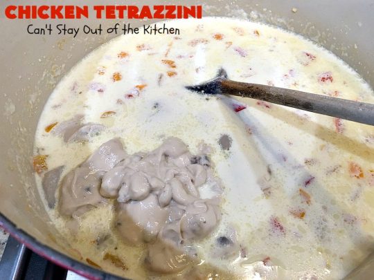 Chicken Tetrazzini | Can't Stay Out of the Kitchen | This #pasta entree is absolutely amazing. It has a thick, creamy, cheesy sauce that' so wonderfully mouthwatering. It's the perfect #chicken dish for company, too. #mushrooms #almonds #mozzarella #parmesan #linguine