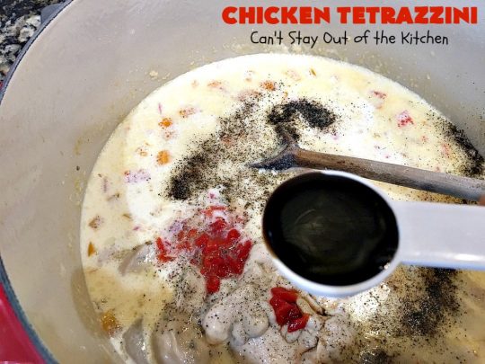 Chicken Tetrazzini | Can't Stay Out of the Kitchen | This #pasta entree is absolutely amazing. It has a thick, creamy, cheesy sauce that' so wonderfully mouthwatering. It's the perfect #chicken dish for company, too. #mushrooms #almonds #mozzarella #parmesan #linguine