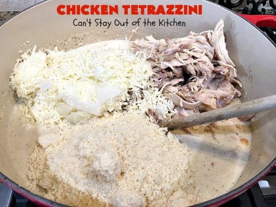 Chicken Tetrazzini | Can't Stay Out of the Kitchen | This #pasta entree is absolutely amazing. It has a thick, creamy, cheesy sauce that' so wonderfully mouthwatering. It's the perfect #chicken dish for company, too. #mushrooms #almonds #mozzarella #parmesan #linguine