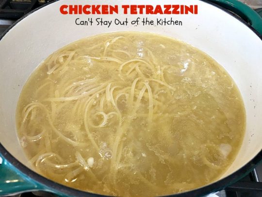 Chicken Tetrazzini | Can't Stay Out of the Kitchen | This #pasta entree is absolutely amazing. It has a thick, creamy, cheesy sauce that' so wonderfully mouthwatering. It's the perfect #chicken dish for company, too. #mushrooms #almonds #mozzarella #parmesan #linguine