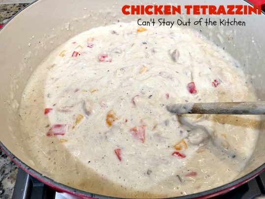 Chicken Tetrazzini | Can't Stay Out of the Kitchen | This #pasta entree is absolutely amazing. It has a thick, creamy, cheesy sauce that' so wonderfully mouthwatering. It's the perfect #chicken dish for company, too. #mushrooms #almonds #mozzarella #parmesan #linguine
