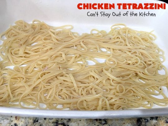 Chicken Tetrazzini | Can't Stay Out of the Kitchen | This #pasta entree is absolutely amazing. It has a thick, creamy, cheesy sauce that' so wonderfully mouthwatering. It's the perfect #chicken dish for company, too. #mushrooms #almonds #mozzarella #parmesan #linguine
