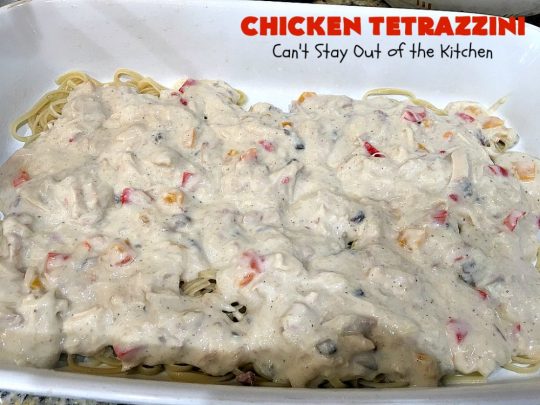 Chicken Tetrazzini | Can't Stay Out of the Kitchen | This #pasta entree is absolutely amazing. It has a thick, creamy, cheesy sauce that' so wonderfully mouthwatering. It's the perfect #chicken dish for company, too. #mushrooms #almonds #mozzarella #parmesan #linguine