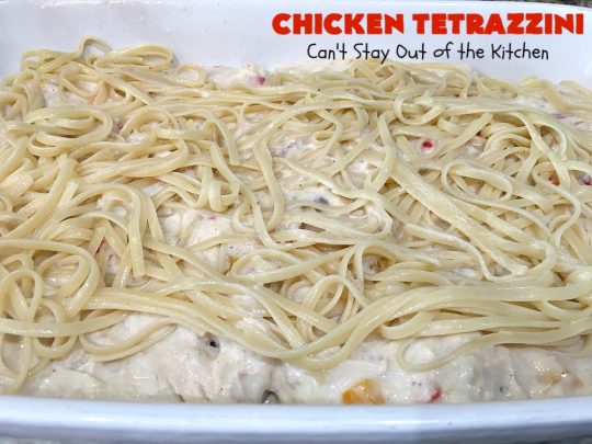Chicken Tetrazzini | Can't Stay Out of the Kitchen | This #pasta entree is absolutely amazing. It has a thick, creamy, cheesy sauce that' so wonderfully mouthwatering. It's the perfect #chicken dish for company, too. #mushrooms #almonds #mozzarella #parmesan #linguine