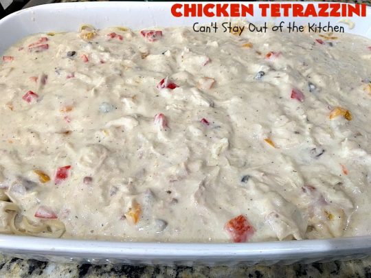 Chicken Tetrazzini | Can't Stay Out of the Kitchen | This #pasta entree is absolutely amazing. It has a thick, creamy, cheesy sauce that' so wonderfully mouthwatering. It's the perfect #chicken dish for company, too. #mushrooms #almonds #mozzarella #parmesan #linguine