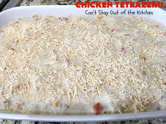 Chicken Tetrazzini | Can't Stay Out of the Kitchen | This #pasta entree is absolutely amazing. It has a thick, creamy, cheesy sauce that' so wonderfully mouthwatering. It's the perfect #chicken dish for company, too. #mushrooms #almonds #mozzarella #parmesan #linguine