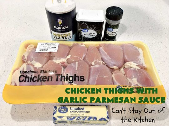 Chicken Thighs with Garlic Parmesan Sauce | Can't Stay Out of the Kitchen | this easy #chicken entree can be whipped up in just over 30 minutes. It's great for weeknight dinners when you're on the run. The #Garlic #Parmesan sauce is mouthwatering and the chicken is seasoned wonderfully. Great for company dinners too. #ChickenThighs #GarlicParmesanSauce #ParmesanCheese #ChickenThighsWithGarlicParmesanSauce