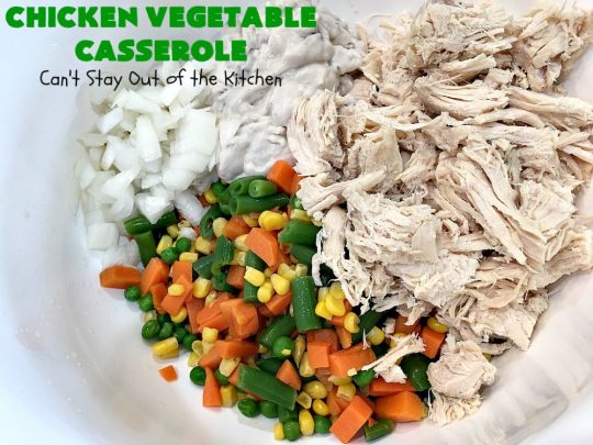 Chicken Vegetable Casserole | Can't Stay Out of the Kitchen | this #chicken #casserole is a delicious one-dish meal for busy week night dinners. We found it sumptuous as well as economical! Great way to use up leftover #RotisserieChicken too. #ChickenCasserole #ChickenVegetableCasserole #CheddarCheese #MixedVegetables