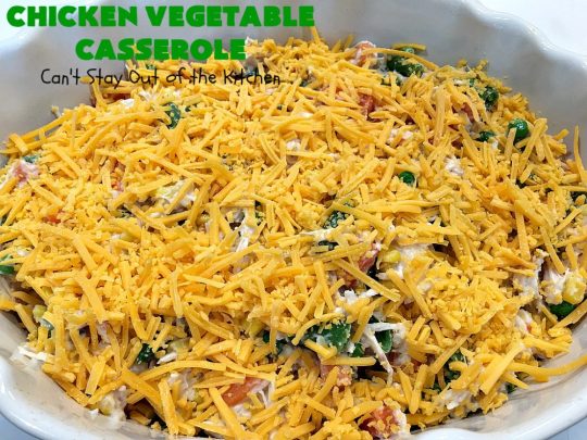 Chicken Vegetable Casserole | Can't Stay Out of the Kitchen | this #chicken #casserole is a delicious one-dish meal for busy week night dinners. We found it sumptuous as well as economical! Great way to use up leftover #RotisserieChicken too. #ChickenCasserole #ChickenVegetableCasserole #CheddarCheese #MixedVegetables
