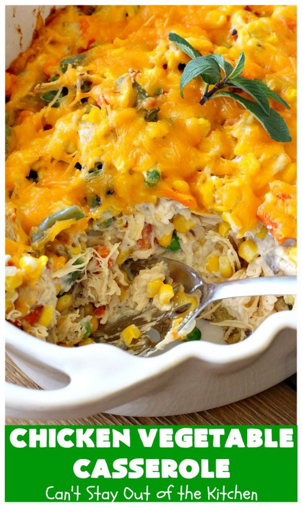 Chicken Vegetable Casserole | Can't Stay Out of the Kitchen | this #chicken #casserole is a delicious one-dish meal for busy week night dinners. We found it sumptuous as well as economical! Great way to use up leftover #RotisserieChicken too. #ChickenCasserole #ChickenVegetableCasserole #CheddarCheese #MixedVegetables