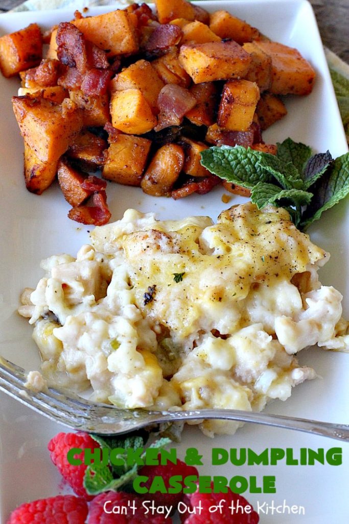 Chicken and Dumpling Casserole | Can't Stay Out of the Kitchen | this 8-ingredient #chicken entree is so easy. It basically has four layers & each is really simple. None of the layers are stirred together. Instead the #casserole magically bakes up into some of the best chicken & dumplings ever! Great for family or company dinners but without all the work! #chickenanddumplings