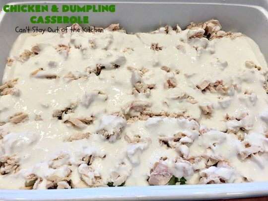 Chicken and Dumpling Casserole | Can't Stay Out of the Kitchen | this 8-ingredient #chicken entree is so easy. It basically has four layers & each is really simple. None of the layers are stirred together. Instead the #casserole magically bakes up into some of the best chicken & dumplings ever! Great for family or company dinners but without all the work! #chickenanddumplings