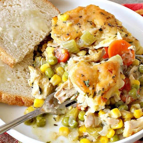 Chicken and Dumpling Casserole with Veggies | Can't Stay Out of the Kitchen | this amazing #chicken #casserole magically makes it's own #noodles as it bakes. It's an awesome #recipe that everyone loves. #carrots #peas #corn