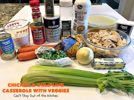Chicken and Dumpling Casserole with Veggies | Can't Stay Out of the Kitchen | this amazing #chicken #casserole magically makes it's own #noodles as it bakes. It's an awesome #recipe that everyone loves. #carrots #peas #corn