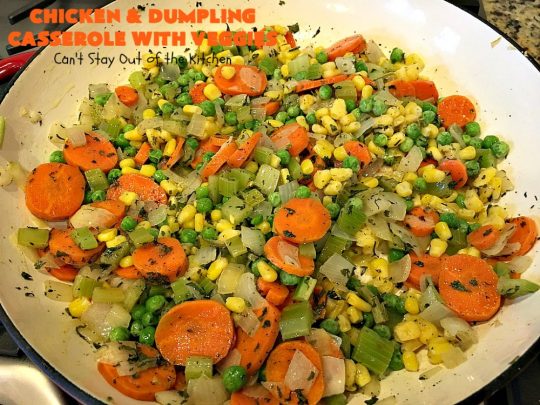 Chicken and Dumpling Casserole with Veggies | Can't Stay Out of the Kitchen | this amazing #chicken #casserole magically makes it's own #noodles as it bakes. It's an awesome #recipe that everyone loves. #carrots #peas #corn