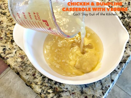 Chicken and Dumpling Casserole with Veggies | Can't Stay Out of the Kitchen | this amazing #chicken #casserole magically makes it's own #noodles as it bakes. It's an awesome #recipe that everyone loves. #carrots #peas #corn