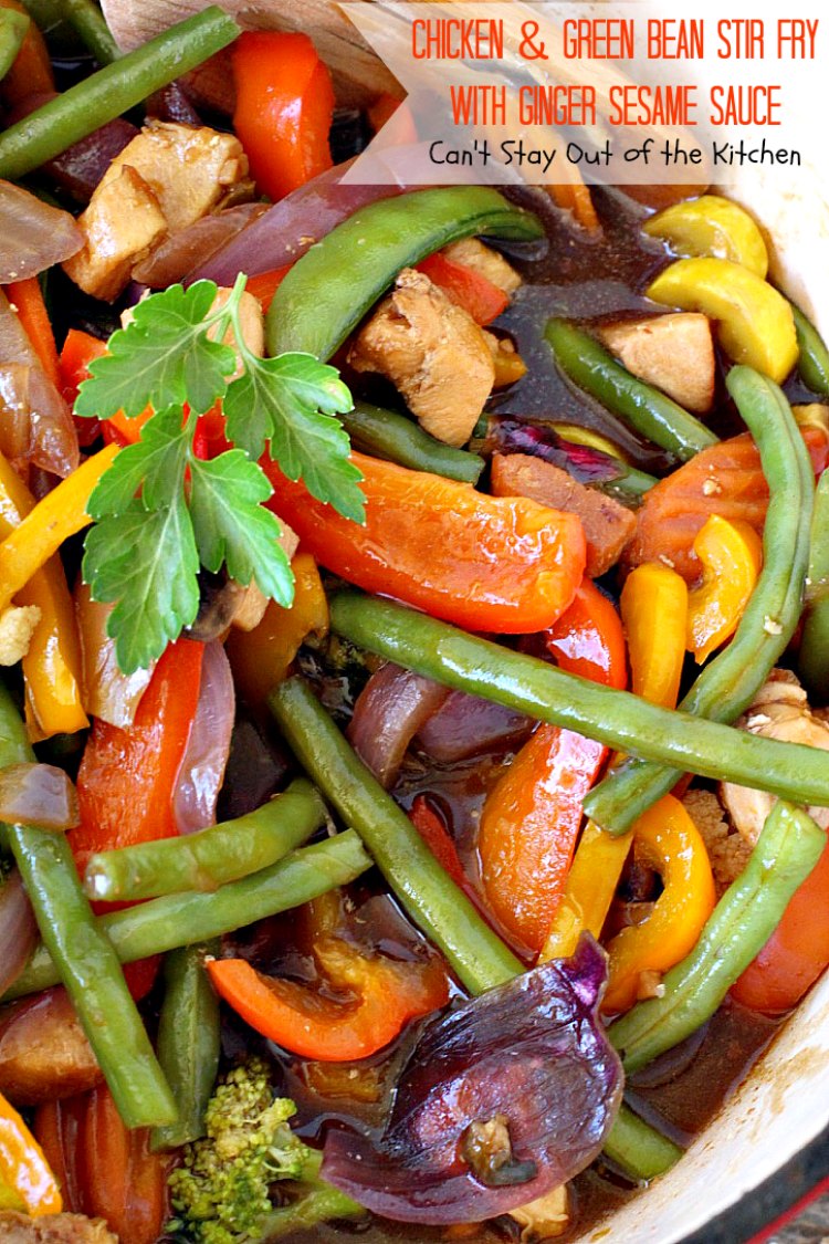 Chicken and Green Bean Stir Fry with Ginger Sesame Sauce | Can't Stay Out of the Kitchen | this delicious main dish uses lots of fresh veggies in a fantastic ginger sesame sauce. Healthy, low calorie, #glutenfree. #chicken
