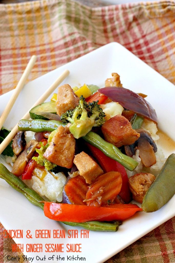 Chicken and Green Bean Stir Fry with Ginger Sesame Sauce | Can't Stay Out of the Kitchen | this delicious main dish uses lots of fresh veggies in a fantastic ginger sesame sauce. Healthy, low calorie, #glutenfree. #chicken