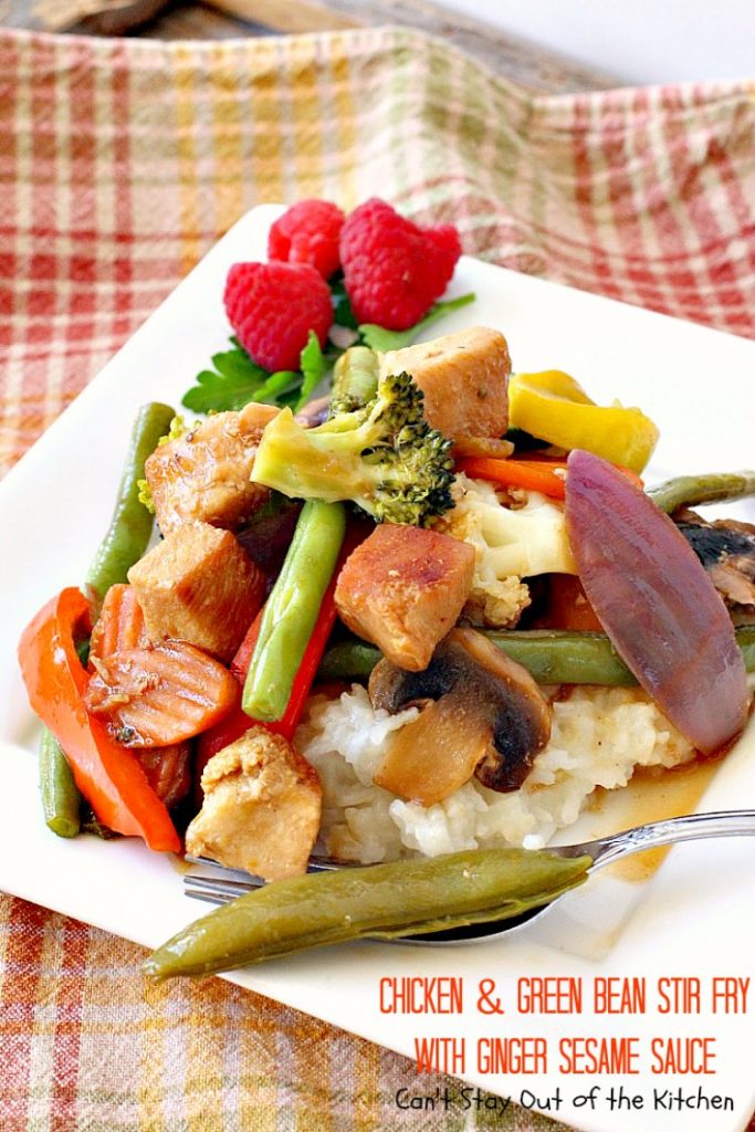 Chicken and Green Bean Stir Fry with Ginger Sesame Sauce | Can't Stay Out of the Kitchen | this delicious main dish uses lots of fresh veggies in a fantastic ginger sesame sauce. Healthy, low calorie, #glutenfree. #chicken
