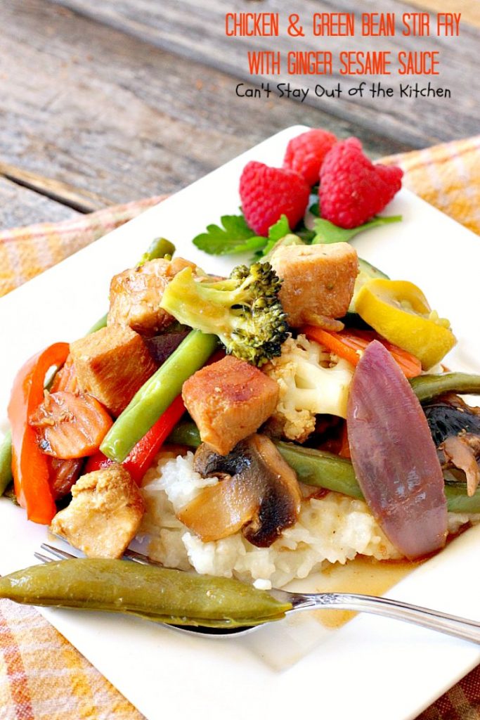 Chicken and Green Bean Stir Fry with Ginger Sesame Sauce | Can't Stay Out of the Kitchen | this delicious main dish uses lots of fresh veggies in a fantastic ginger sesame sauce. Healthy, low calorie, #glutenfree. #chicken
