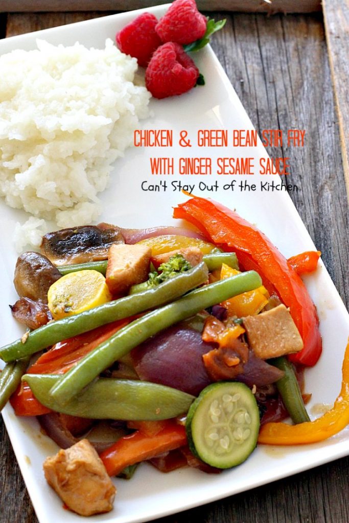 Chicken and Green Bean Stir Fry with Ginger Sesame Sauce | Can't Stay Out of the Kitchen | this delicious main dish uses lots of fresh veggies in a fantastic ginger sesame sauce. Healthy, low calorie, #glutenfree. #chicken