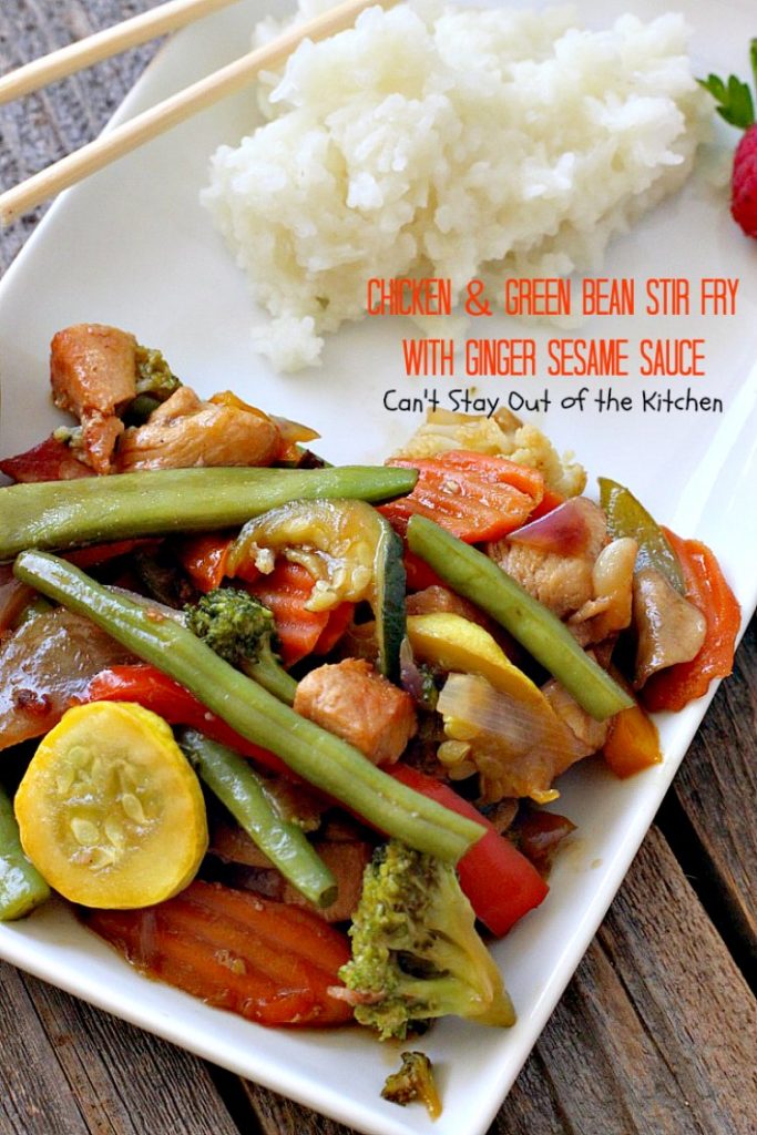 Chicken and Green Bean Stir Fry with Ginger Sesame Sauce | Can't Stay Out of the Kitchen | this delicious main dish uses lots of fresh veggies in a fantastic ginger sesame sauce. Healthy, low calorie, #glutenfree. #chicken