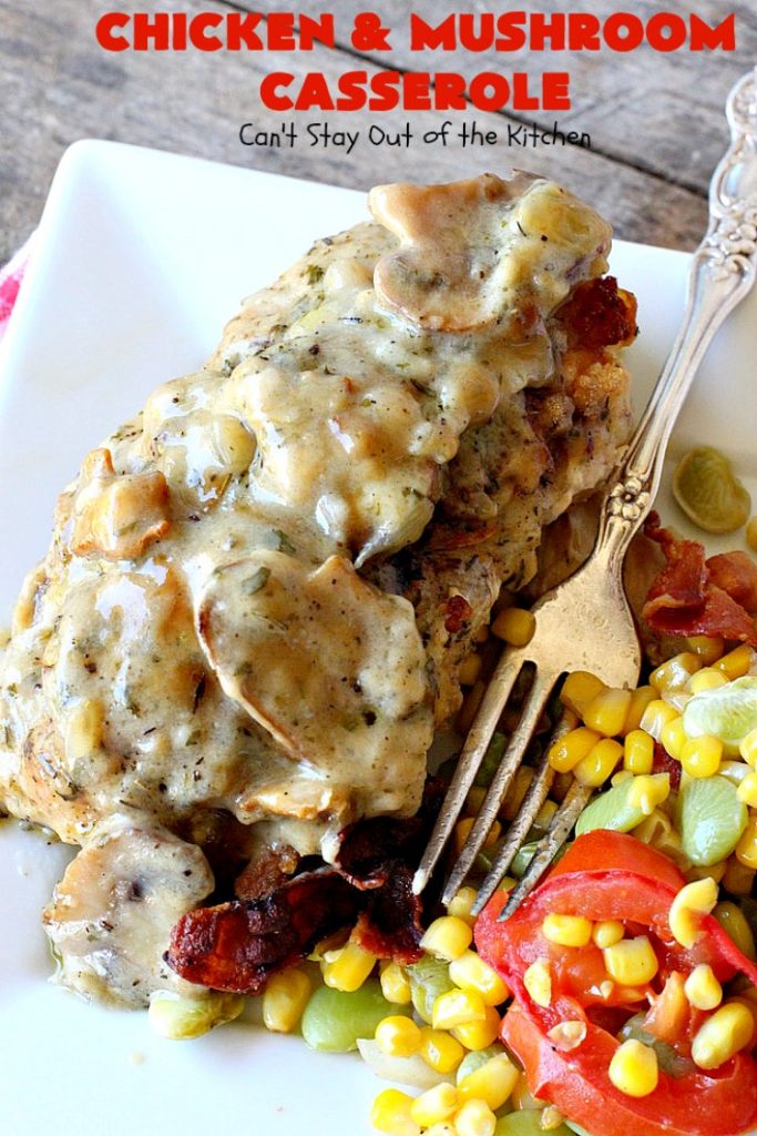 Chicken and Mushroom Casserole | Can't Stay Out of the Kitchen | this is a fantastic #chicken #casserole #recipe that has a delicious gravy with onions, #mushrooms & garlic. It's seasoned to perfection and wonderful for #holiday or company dinners. #glutenfree