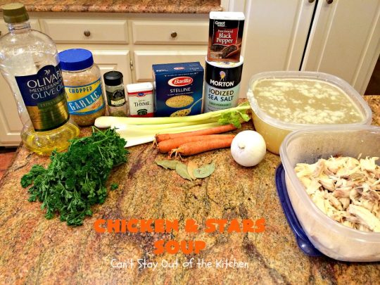 Chicken and Stars Soup | Can't Stay Out of the Kitchen | this #soup really is a #ChickenSoup for the soul! It uses finely diced #chicken, homemade #chickenbroth, #carrots & #stelline or star-shaped #pasta in a tasty soup that's wonderful comfort food for fall or winter.