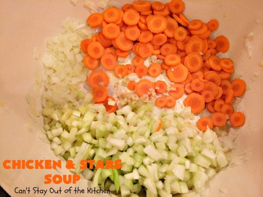 Chicken and Stars Soup | Can't Stay Out of the Kitchen | this #soup really is a #ChickenSoup for the soul! It uses finely diced #chicken, homemade #chickenbroth, #carrots & #stelline or star-shaped #pasta in a tasty soup that's wonderful comfort food for fall or winter.