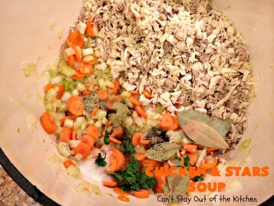 Chicken and Stars Soup | Can't Stay Out of the Kitchen | this #soup really is a #ChickenSoup for the soul! It uses finely diced #chicken, homemade #chickenbroth, #carrots & #stelline or star-shaped #pasta in a tasty soup that's wonderful comfort food for fall or winter.