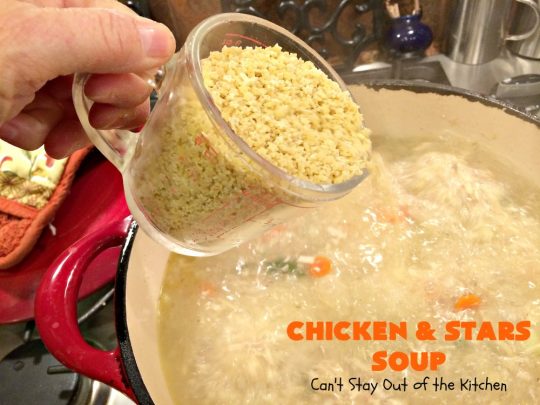 Chicken and Stars Soup | Can't Stay Out of the Kitchen | this #soup really is a #ChickenSoup for the soul! It uses finely diced #chicken, homemade #chickenbroth, #carrots & #stelline or star-shaped #pasta in a tasty soup that's wonderful comfort food for fall or winter.