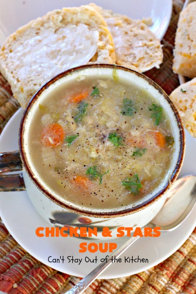 Chicken and Stars Soup | Can't Stay Out of the Kitchen | this #soup really is a #ChickenSoup for the soul! It uses finely diced #chicken, homemade #chickenbroth, #carrots & #stelline or star-shaped #pasta in a tasty soup that's wonderful comfort food for fall or winter.