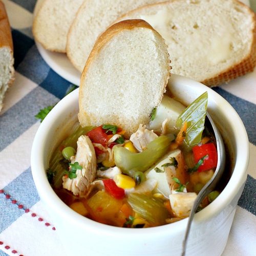 Chicken and Vegetable Soup | Can't Stay Out of the Kitchen | this delicious #soup is is terrific comfort food for cold, winter nights. It's #healthy, #LowCalorie #DairyFree & #GlutenFree. #chicken #corn #peas #carrots #tomatoes #ChickenAndVegetableSoup
