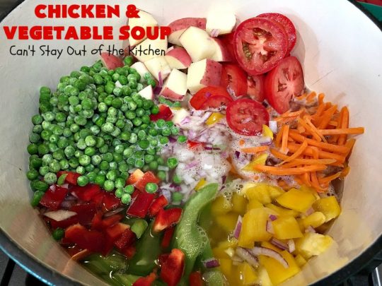 Chicken and Vegetable Soup | Can't Stay Out of the Kitchen | this delicious #soup is is terrific comfort food for cold, winter nights. It's #healthy, #LowCalorie #DairyFree & #GlutenFree. #chicken #corn #peas #carrots #tomatoes #ChickenAndVegetableSoup