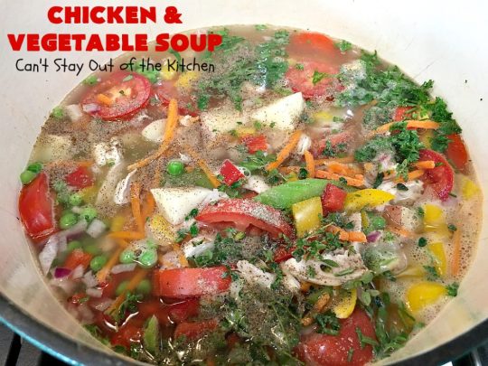 Chicken and Vegetable Soup | Can't Stay Out of the Kitchen | this delicious #soup is is terrific comfort food for cold, winter nights. It's #healthy, #LowCalorie #DairyFree & #GlutenFree. #chicken #corn #peas #carrots #tomatoes #ChickenAndVegetableSoup
