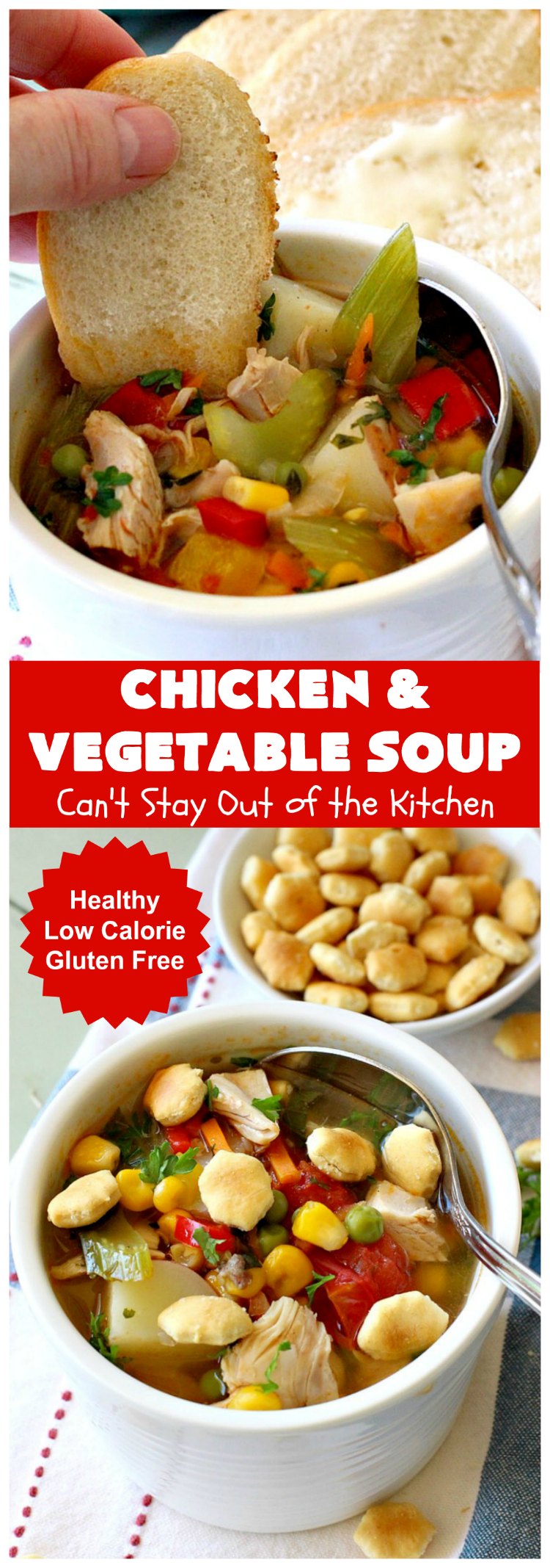 Chicken and Vegetable Soup | Can't Stay Out of the Kitchen | this delicious #soup is is terrific comfort food for cold, winter nights. It's #healthy, #LowCalorie #DairyFree & #GlutenFree. #chicken #corn #peas #carrots #tomatoes #ChickenAndVegetableSoup