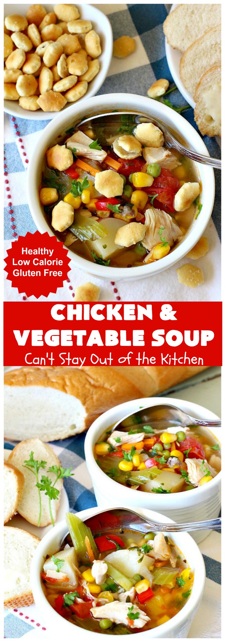Chicken and Vegetable Soup | Can't Stay Out of the Kitchen | this delicious #soup is is terrific comfort food for cold, winter nights. It's #healthy, #LowCalorie #DairyFree & #GlutenFree. #chicken #corn #peas #carrots #tomatoes #ChickenAndVegetableSoup