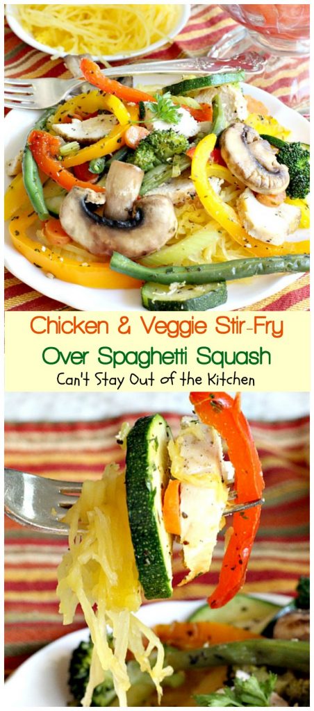 Chicken & Veggie Stir-Fry Over Spaghetti Squash | Can't Stay Out of the Kitchen | fabulous #stirfry dish with #chicken and a ton of #veggies. Healthy, #lowcalorie and #glutenfree.