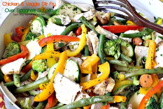 Chicken & Veggie Stir-Fry Over Spaghetti Squash | Can't Stay Out of the Kitchen | fabulous #stirfry dish with #chicken and a ton of #veggies. Healthy, #lowcalorie and #glutenfree.