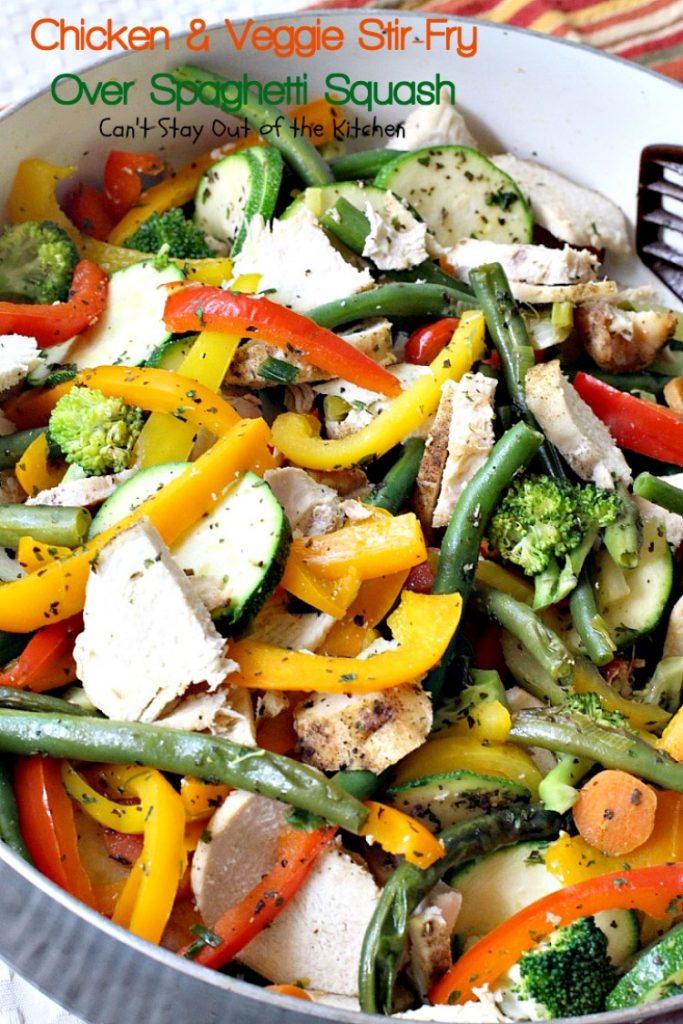 Chicken & Veggie Stir-Fry Over Spaghetti Squash | Can't Stay Out of the Kitchen | fabulous #stirfry dish with #chicken and a ton of #veggies. Healthy, #lowcalorie and #glutenfree.