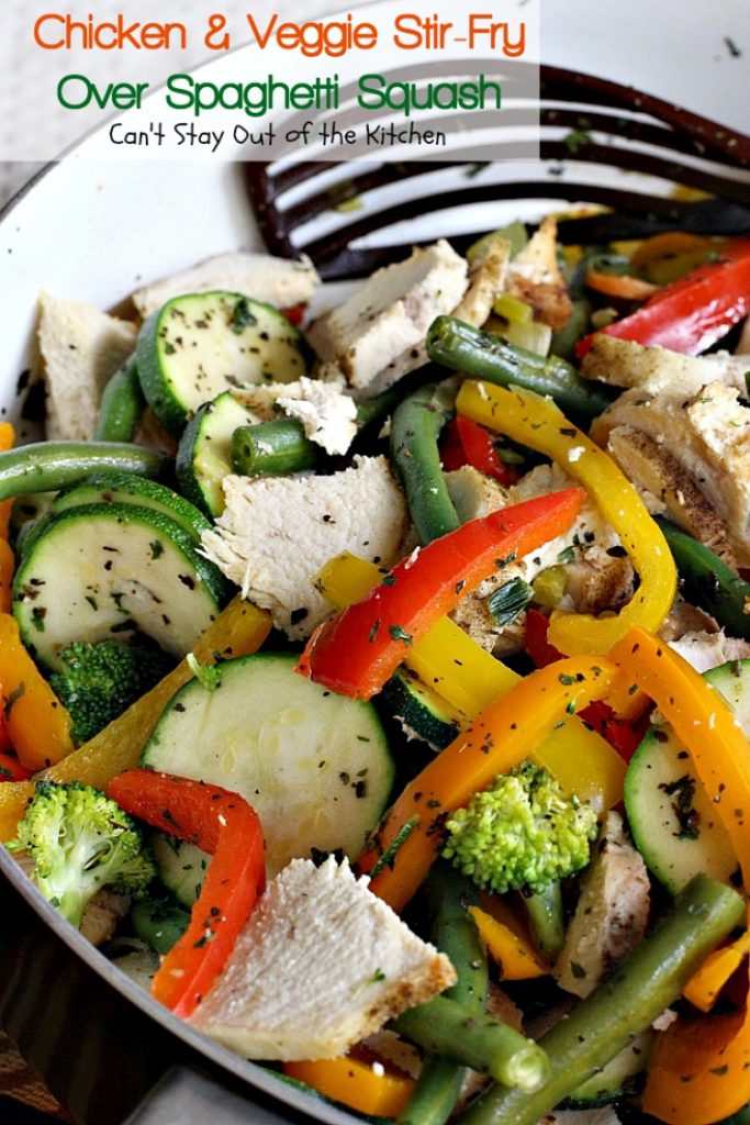 Chicken & Veggie Stir-Fry Over Spaghetti Squash | Can't Stay Out of the Kitchen | fabulous #stirfry dish with #chicken and a ton of #veggies. Healthy, #lowcalorie and #glutenfree.