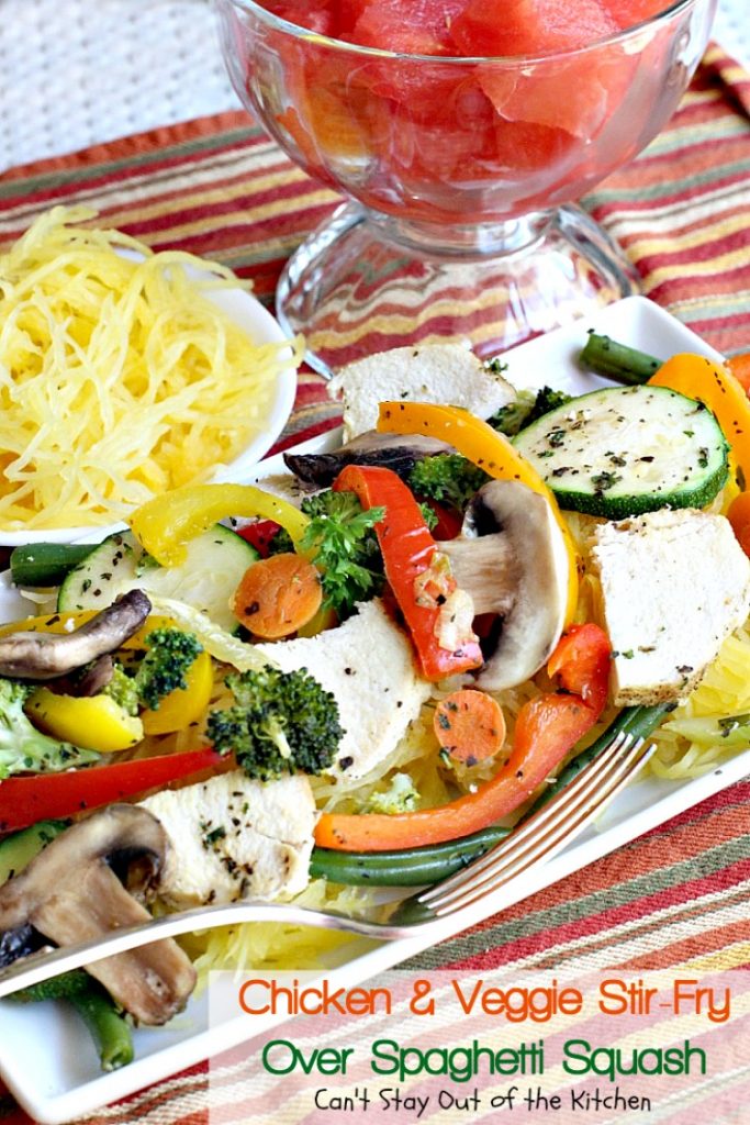 Chicken & Veggie Stir-Fry Over Spaghetti Squash | Can't Stay Out of the Kitchen | fabulous #stirfry dish with #chicken and a ton of #veggies. Healthy, #lowcalorie and #glutenfree.