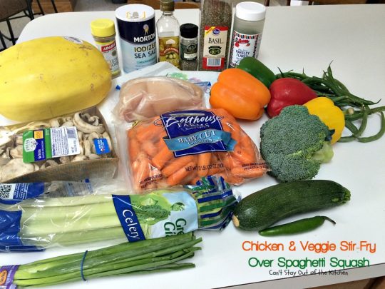 Chicken & Veggie Stir-Fry Over Spaghetti Squash | Can't Stay Out of the Kitchen | fabulous #stirfry dish with #chicken and a ton of #veggies. Healthy, #lowcalorie and #glutenfree.
