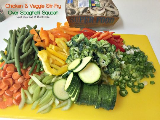 Chicken & Veggie Stir-Fry Over Spaghetti Squash | Can't Stay Out of the Kitchen | fabulous #stirfry dish with #chicken and a ton of #veggies. Healthy, #lowcalorie and #glutenfree.